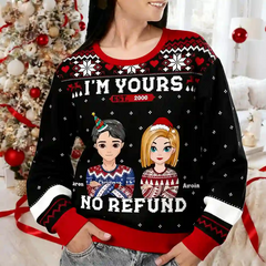 Custom Couple Christmas Ugly Sweater – Personalized “I’m Yours, No Refund” Holiday Sweatshirt with Names & Avatars