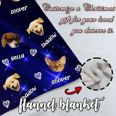 Custom Pet Photo Flannel Blanket – Personalized Dog & Cat Faces with Names, Cozy Starry Night Design