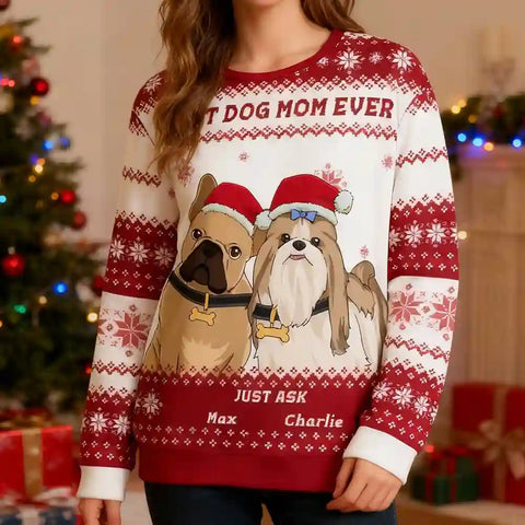 Custom Dog Christmas Ugly Sweater – Personalized Holiday Sweatshirt with Snowflake Pattern, Upload Pet Photo, Choose Pet Design, Add Name, Best Dog Mom & Dad Gift