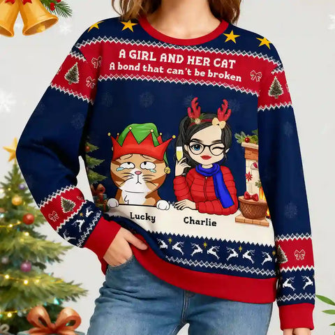 Personalized Cat Lover Christmas Sweater – “Just a Girl Who Loves Her Cats” & “A Girl and Her Cat” Custom Ugly Holiday Sweatshirt