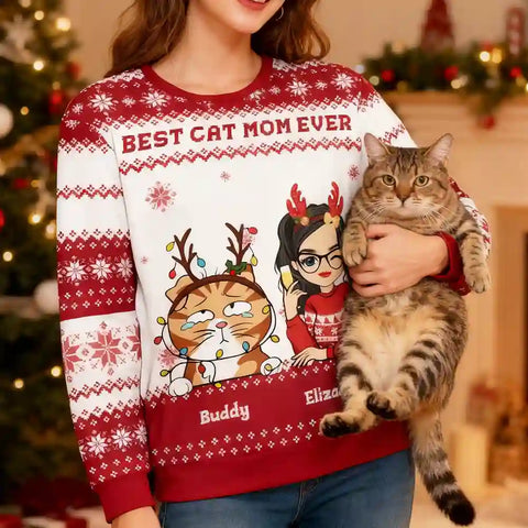 Best Cat Mom Ever Ugly Christmas Sweater – Personalized Cat Lover Holiday Sweatshirt with Custom Cartoon Design