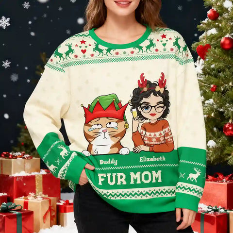 Personalized Cat Mom Christmas Sweater – “Fur Mom” Custom Ugly Holiday Sweatshirt with Pet Name & Cartoon Design