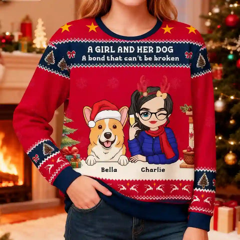 Personalized “A Girl and Her Dog” Christmas Ugly Sweater – Custom Pet & Owner Holiday