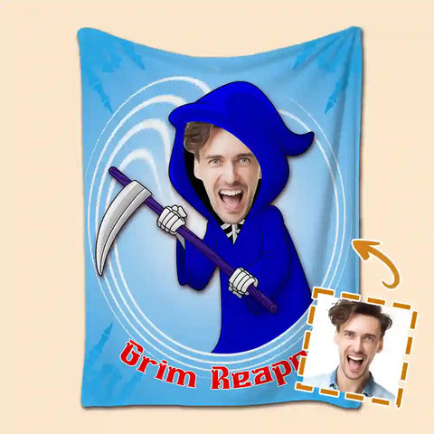 Personalized Grim Reaper Photo Blanket – Custom Scythe Design with Your Pet or Portrait