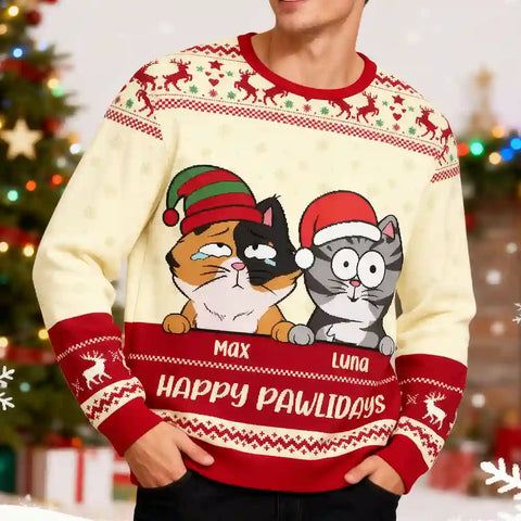 Custom “Happy Pawlidays” Cat Ugly Christmas Sweater – Personalized Pet Name Holiday Gift for Cat Lovers