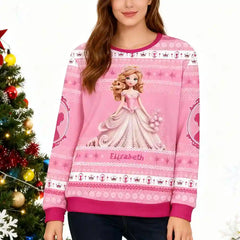 Personalized Princess Christmas Ugly Sweater – Custom Name Pink Fairytale Holiday Sweatshirt for Women