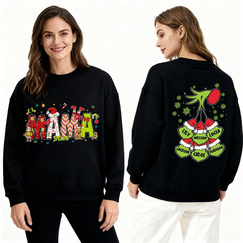 Custom Grinch Reversible Christmas Sweatshirt with Grandchildren's Names