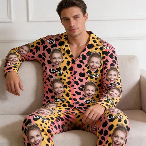 Personalized leopard print pajamas for couples, with customizable photos.