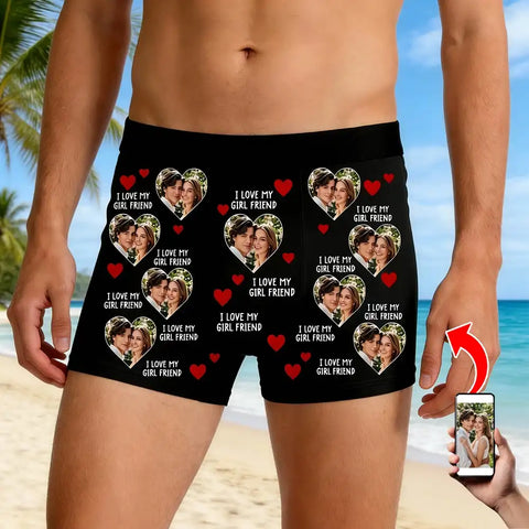 Personalized men's boxer briefs with a custom photo saying "I love my girl friend" - a perfect anniversary/Valentine's Day gift.