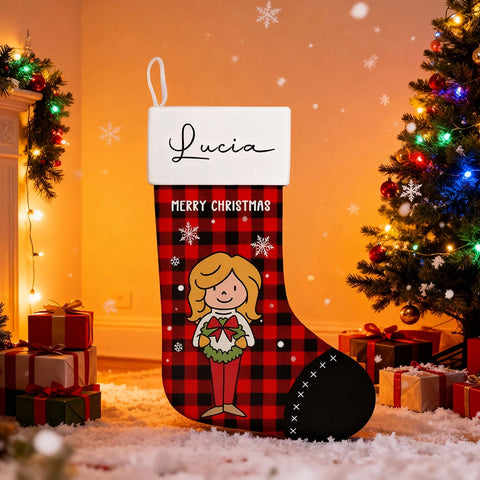 Personalized Christmas stockings with custom cartoon family character designs