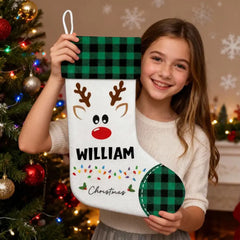 Personalized Reindeer Christmas Stocking with Name - Buffalo Plaid Style