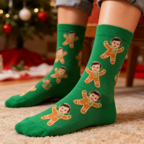 Custom Christmas Face Socks – Personalized Photo Gingerbread Style