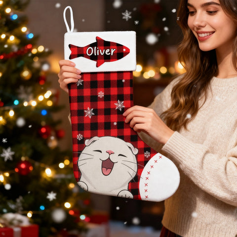 Custom Pet Christmas Stockings with Name – Plaid Cat Gifts