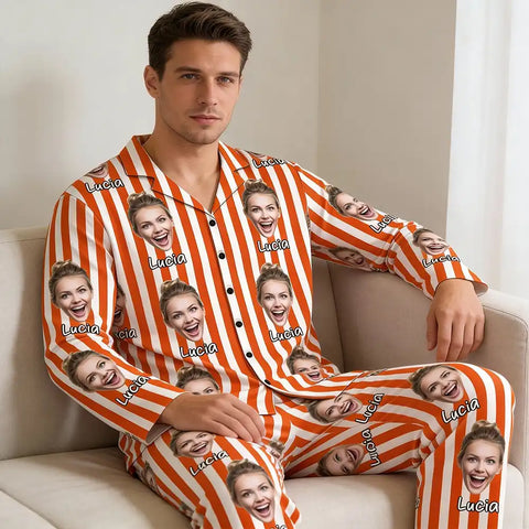 Personalized striped pajamas with custom photo portraits – a Valentine's Day gift for couples