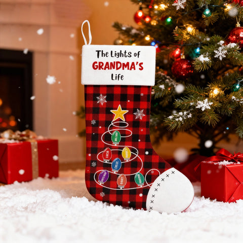 Customize "The Lights of Grandma's Life" Christmas stockings and edit your grandchildren's names on the lights