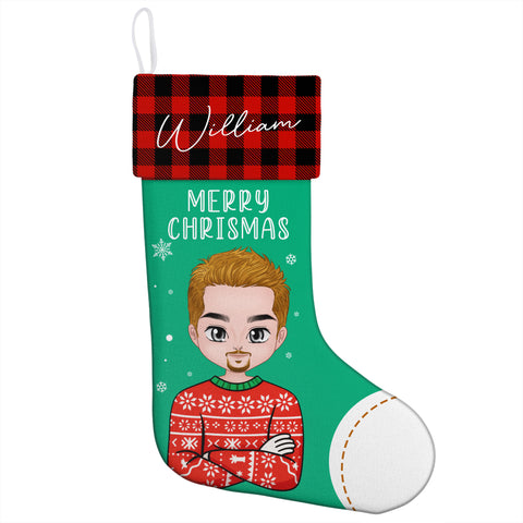 Personalized Character Christmas Stocking – Custom Name Plaid Cuff Design