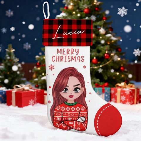 Custom Cartoon Girl Christmas Stocking – Personalized Name Design