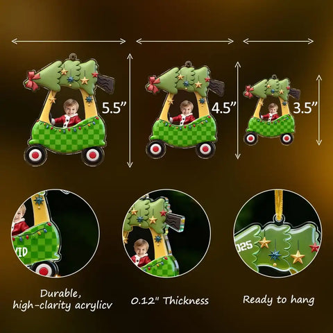 Customizable acrylic Christmas car decorations for children, with personalized photos printed on them.