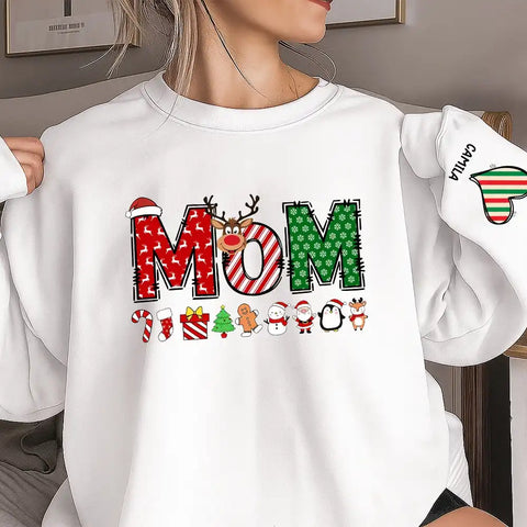 Personalized MUM Christmas Sweatshirt – Custom Hearts and Names on Sleeves
