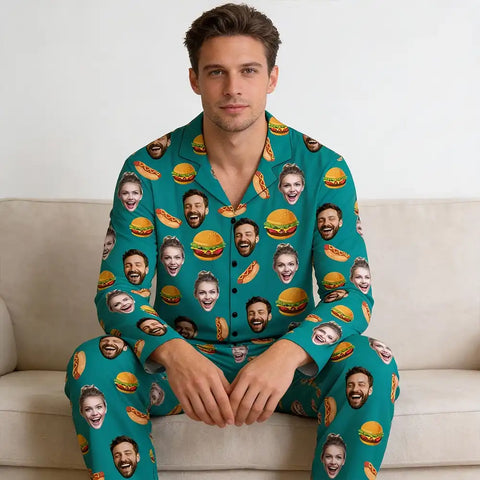 Custom-made Valentine's Day pajamas for couples, featuring personalized face photos and fun accessory patterns.