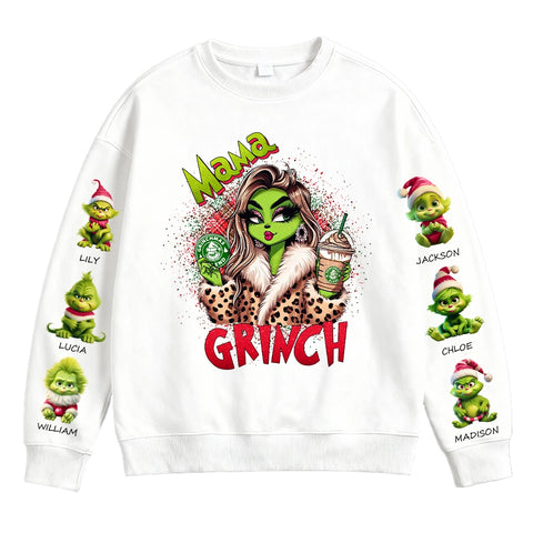 Personalized Mom Grinch sweatshirt with your child's name printed on it for Christmas