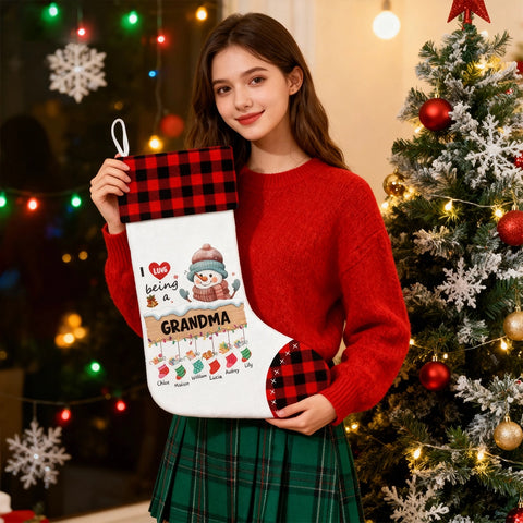 I Love Being a Grandma - Personalized Christmas Stockings with Grandchildren's Names - Snowman and Buffalo Plaid