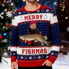 Custom Fishing Christmas Ugly Sweater – Personalized Holiday Sweatshirt with Photo, Best Gift for Fishing Lovers