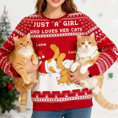 Just A Girl Who Loves Her Cats – Personalized Cat Lover Ugly Christmas Sweater