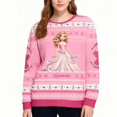 Personalized Princess Christmas Ugly Sweater – Custom Name Pink Fairytale Holiday Sweatshirt for Women