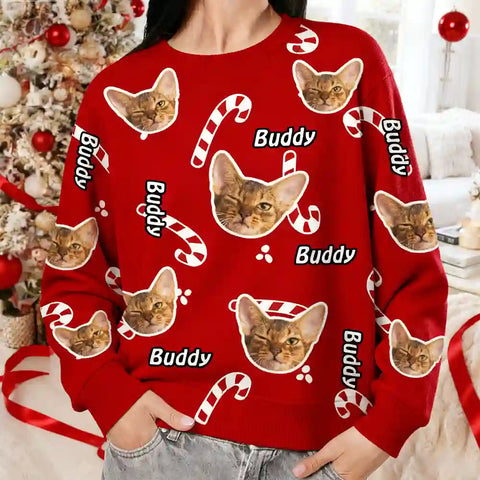 Personalized Pet Christmas Sweater – Custom Cat Face & Name Festive Design