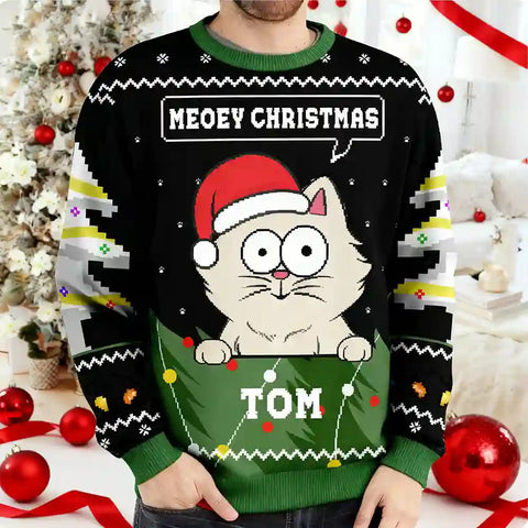 Customizable Cat Xmas Ugly Sweater – Cartoon Santa Cat Design with Personalized Name