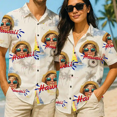Camiseta playera con cara de mascota divertida: estilo hawaiano personalizado para fiestas de verano 