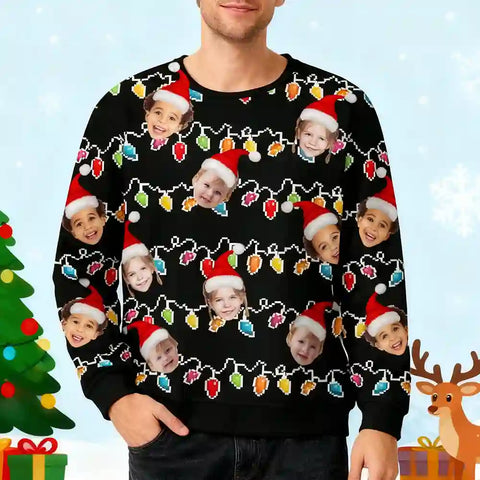 Custom Family Christmas Ugly Sweater – Personalized Holiday Sweatshirt with Colorful String Lights, Upload Family Photo with Santa Hats, Best Family Christmas Gift