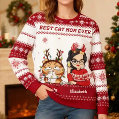 Best Cat Mom Ever Ugly Christmas Sweater – Personalized Cat Lover Holiday Sweatshirt with Custom Cartoon Design