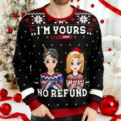 Custom Couple Christmas Ugly Sweater – Personalized “I’m Yours, No Refund” Holiday Sweatshirt with Names & Avatars