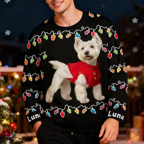Custom Dog Christmas Ugly Sweater – Personalized Holiday Sweatshirt with String Lights, Upload Your Pet Photo, Celebrate Christmas Together