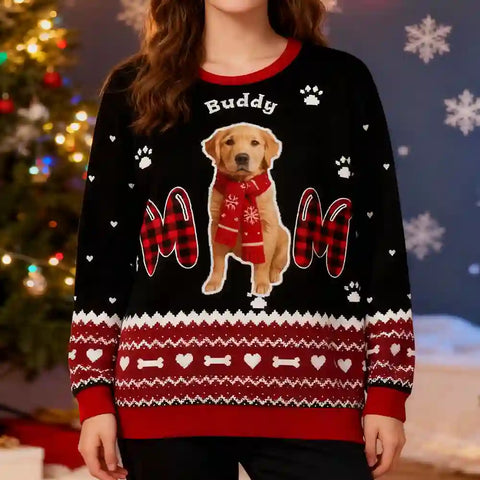 Custom Dog Christmas Ugly Sweater – Personalized Holiday Sweatshirt for Dog Moms & Dads, Upload Pet Photo, Perfect Festive Gift