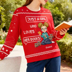 Custom Book Lover Ugly Christmas Sweater – Personalized Name Reading Girl Holiday Sweatshirt