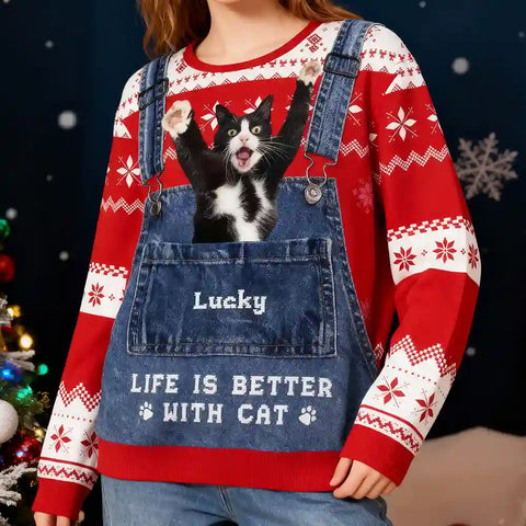 Custom Pet Christmas Ugly Sweater – Personalized “Life Is Better With Dog/Cat” Holiday Sweatshirt with Photo & Name