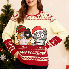 Custom “Happy Pawlidays” Cat Ugly Christmas Sweater – Personalized Pet Name Holiday Gift for Cat Lovers
