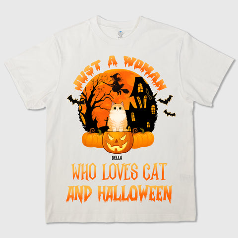 Just A Woman Who Loves Cats And Halloween - Personalized T-shirts, Sweatshirts & Hoodies