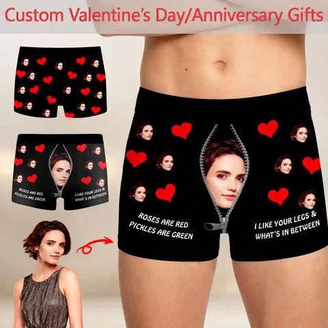 Funny Custom Face Boxer Briefs – “Roses Are Red, Pickles Are Green” Personalized Underwear Gift for Boyfriend or Husband