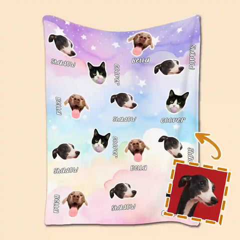 Custom Pet Photo Flannel Blanket – Personalized Dog & Cat Faces with Names, Dreamy Cloud & Star Design