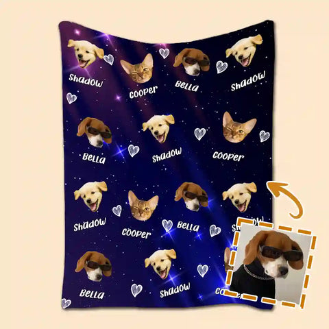 Custom Pet Photo Flannel Blanket – Personalized Dog & Cat Faces with Names, Cozy Starry Night Design