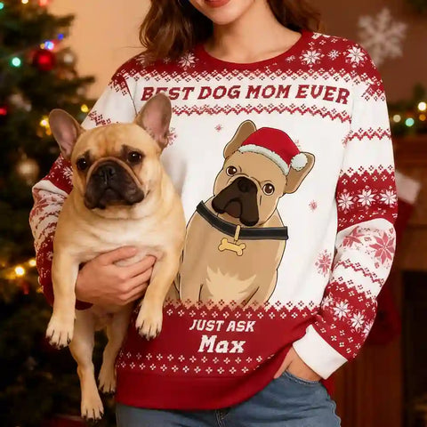 Custom Dog Christmas Ugly Sweater – Personalized Holiday Sweatshirt with Snowflake Pattern, Upload Pet Photo, Choose Pet Design, Add Name, Best Dog Mom & Dad Gift
