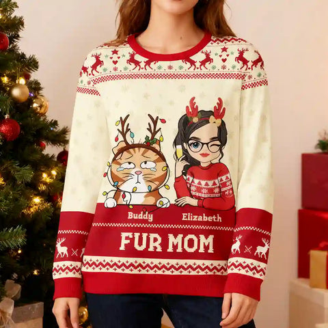 Personalized Cat Mom Christmas Sweater – “Fur Mom” Custom Ugly Holiday Sweatshirt with Pet Name & Cartoon Design