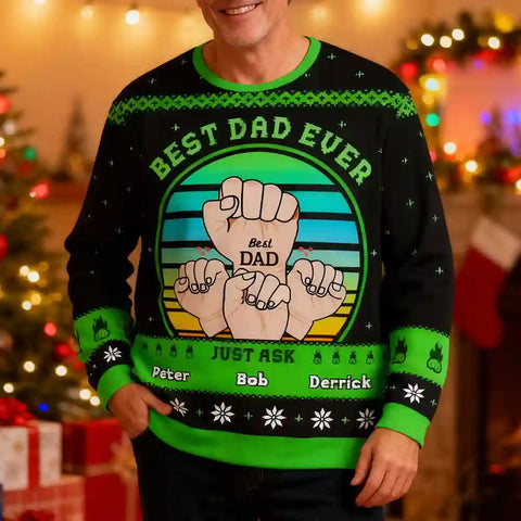 Custom Dad Christmas Ugly Sweater – Best Fist Bump with Kids, Personalized Holiday Sweatshirt, Perfect Christmas Gift for Fathers