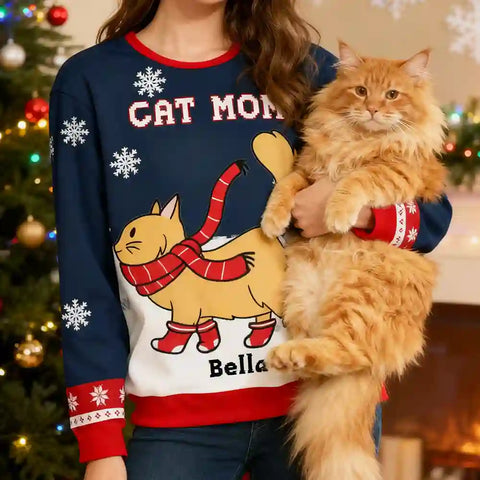 Custom Cat Christmas Ugly Sweater – Walking in the Snow, Gift for Pet Moms & Dads
