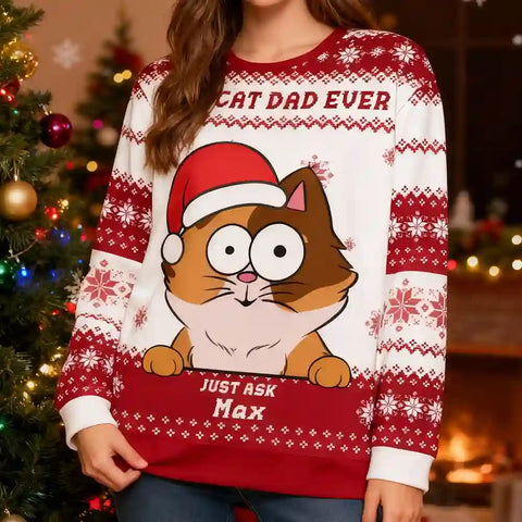 Custom Cat Christmas Ugly Sweater – Personalized Holiday Sweatshirt with Snowflake Pattern, Upload Pet Photo, Add Name, Best Gift for Cat Moms & Dads