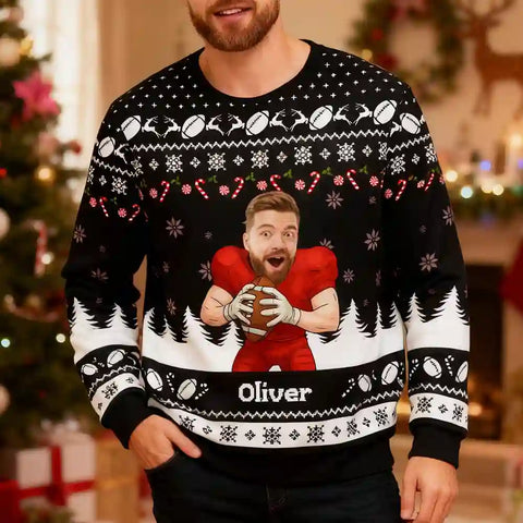 Funny Football Fan Ugly Christmas Sweater – Personalized Face & Name Holiday Sweatshirt